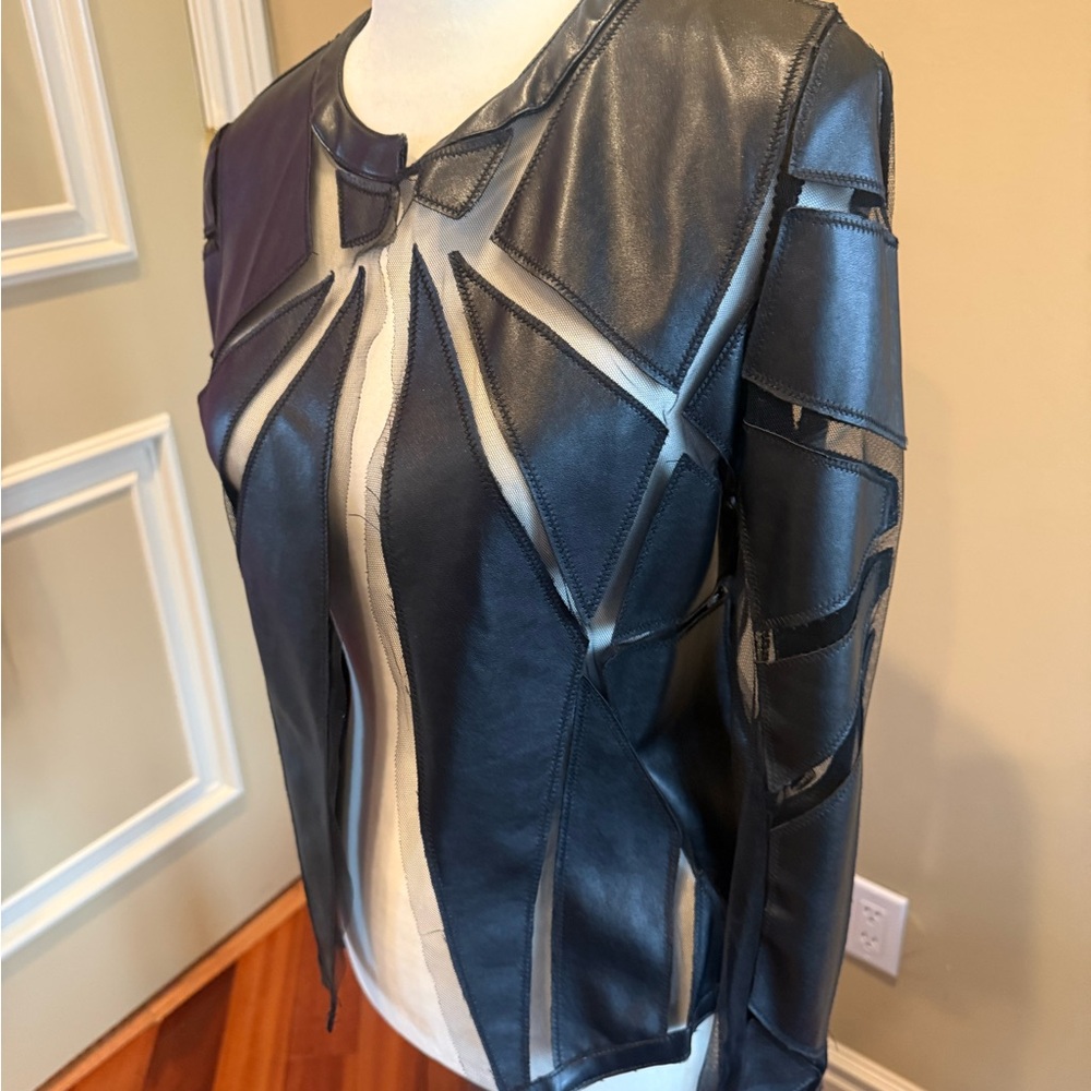Black Paneled Faux Leather Short Jacket with Sheer Insets